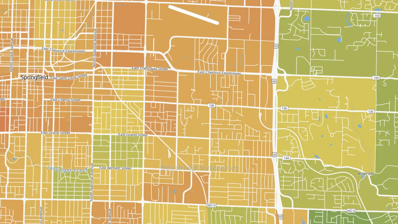 Map of the best neighborhoods in the Bingham, Springfield area, with better matches in green and worse matches in red
