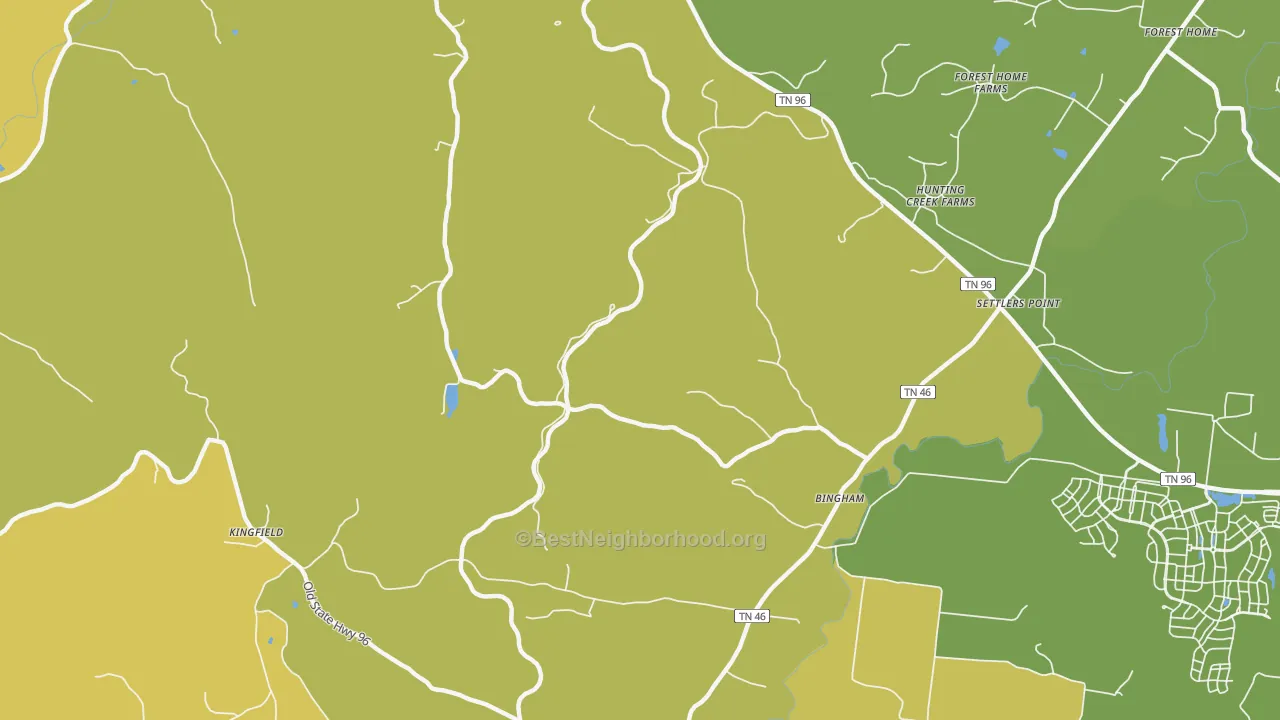 Map of the best neighborhoods in the Bingham area, with better matches in green and worse matches in red