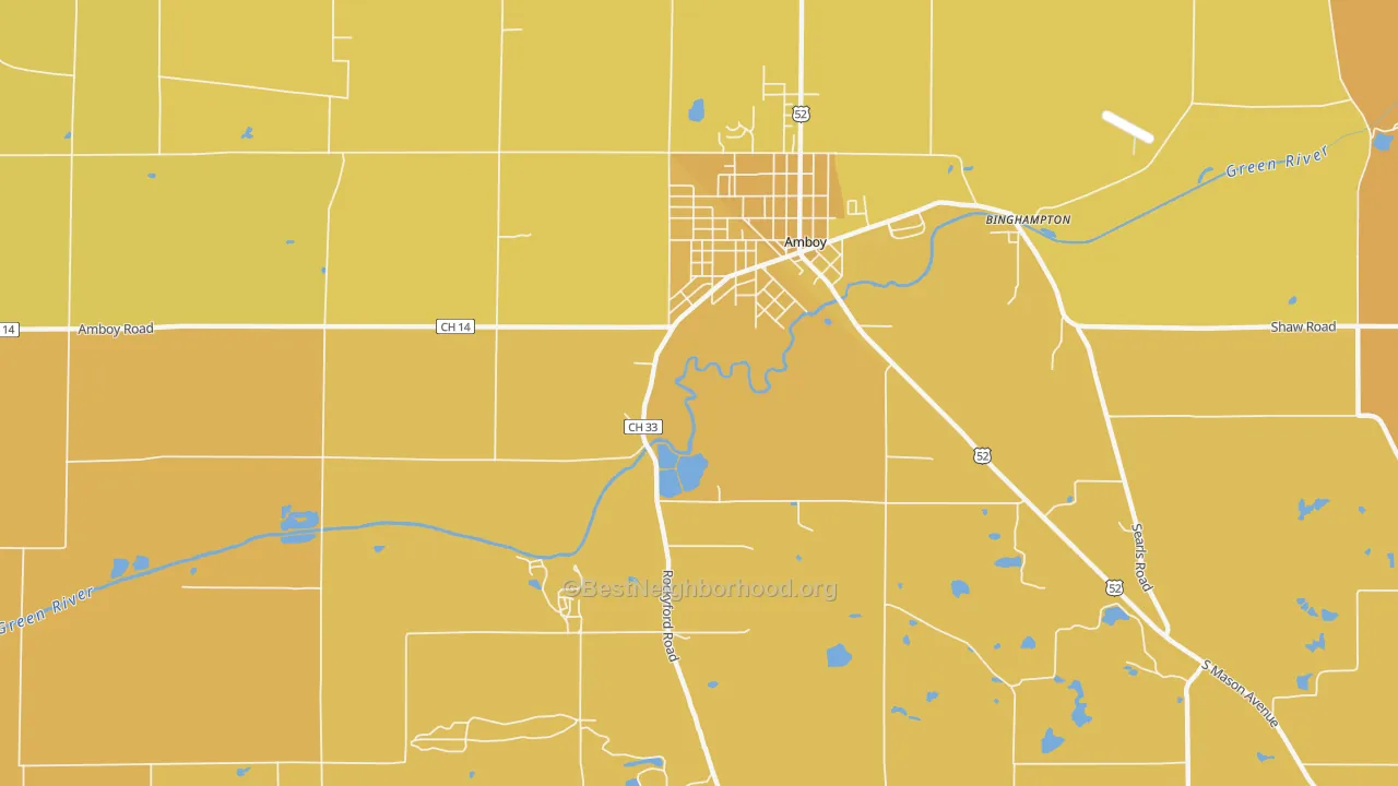 Map of the best neighborhoods in the Binghampton area, with better matches in green and worse matches in red