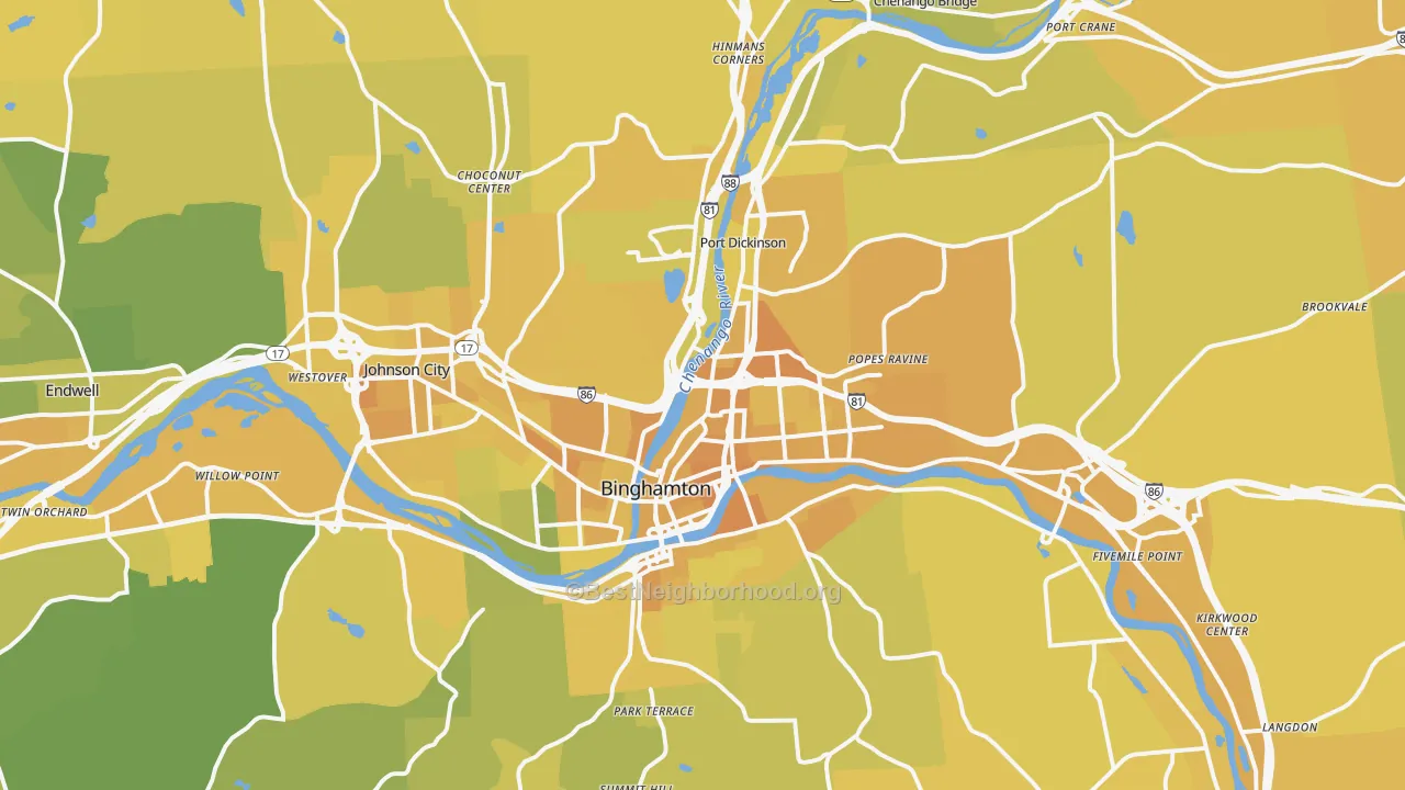 Map of the best neighborhoods in the Binghamton Metro area, with better matches in green and worse matches in red