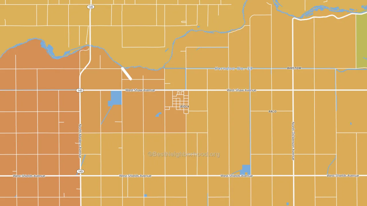 Map of the best neighborhoods in the Biola area, with better matches in green and worse matches in red
