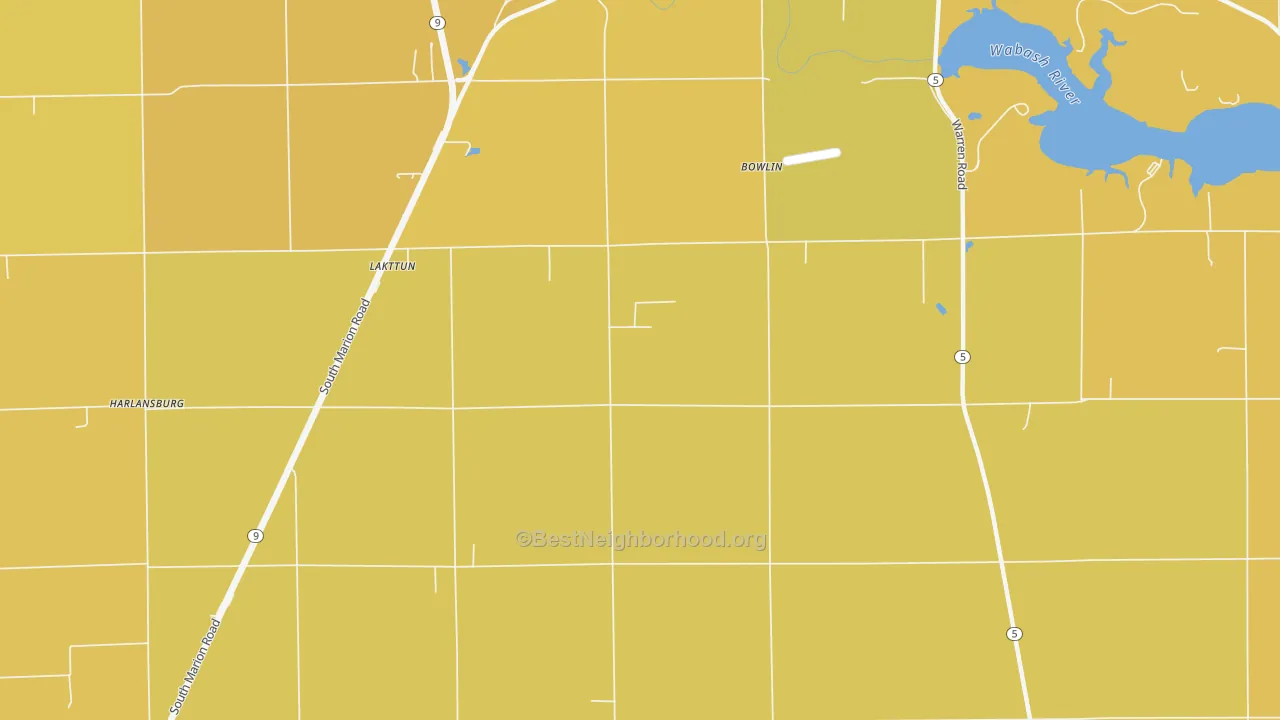 Map of the best neighborhoods in the Bippus area, with better matches in green and worse matches in red