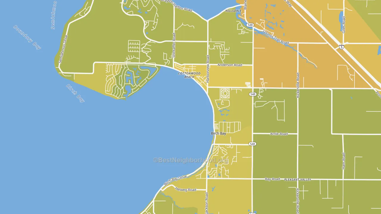 Map of the best neighborhoods in the Birch Bay area, with better matches in green and worse matches in red