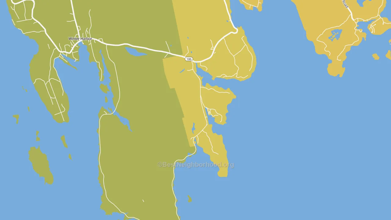 Map of the best neighborhoods in the Birch Harbor area, with better matches in green and worse matches in red