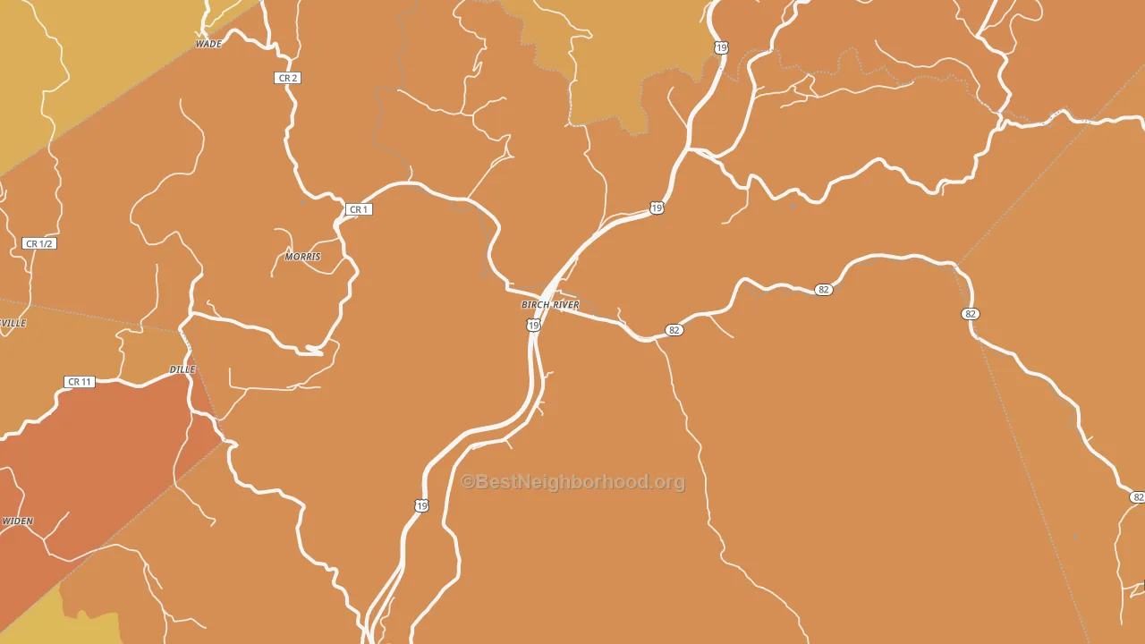 Map of the best neighborhoods in the Birch River area, with better matches in green and worse matches in red