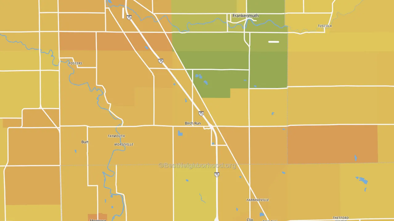 Map of the best neighborhoods in the Birch Run area, with better matches in green and worse matches in red