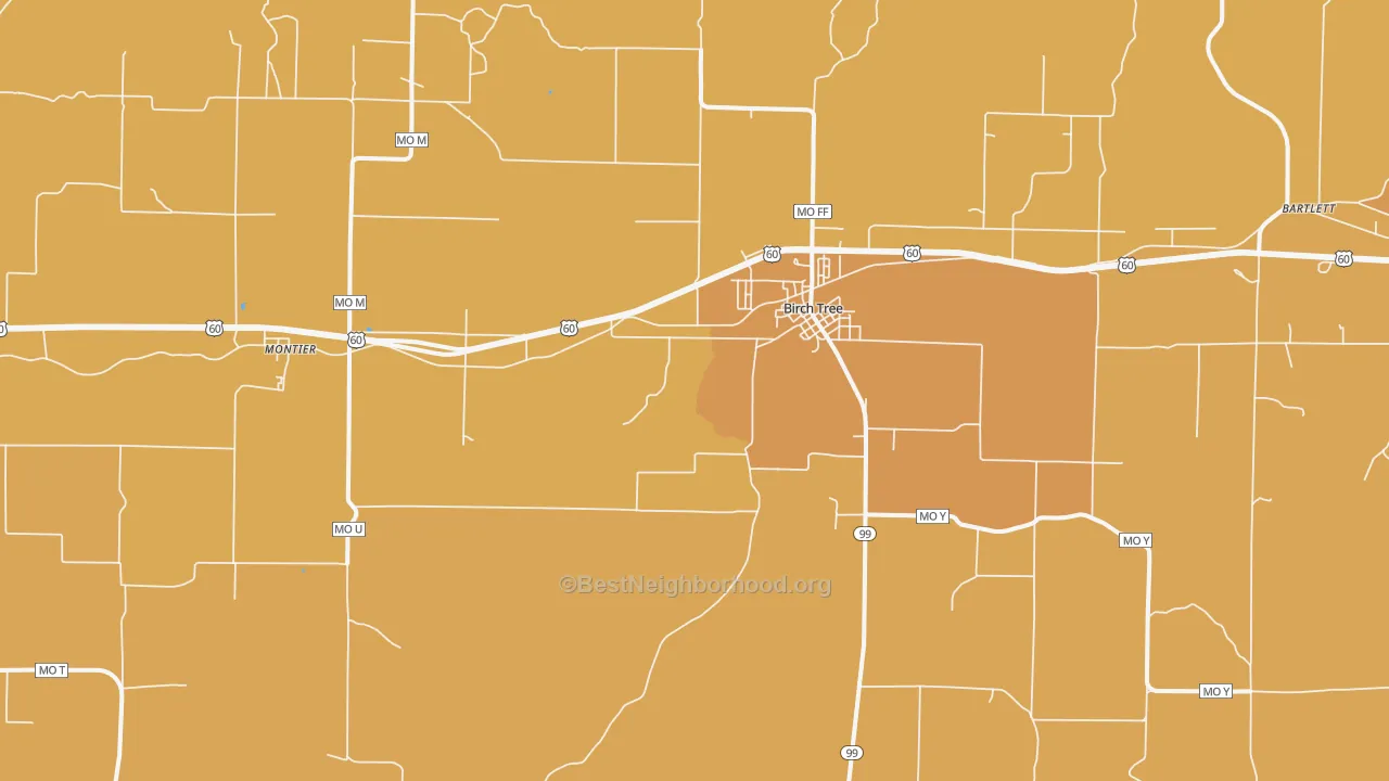 Map of the best neighborhoods in the Birch Tree area, with better matches in green and worse matches in red