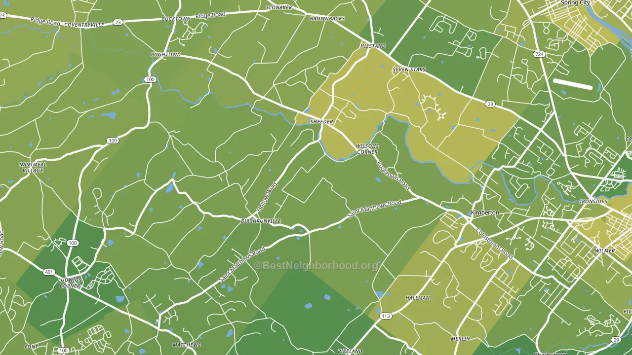 Map of the best neighborhoods in the Birchrunville area, with better matches in green and worse matches in red