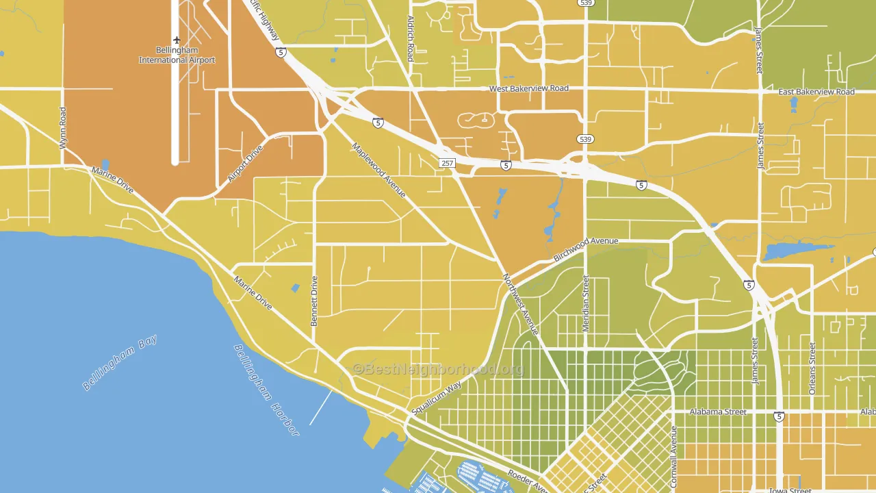 Map of the best neighborhoods in the Birchwood, Bellingham area, with better matches in green and worse matches in red