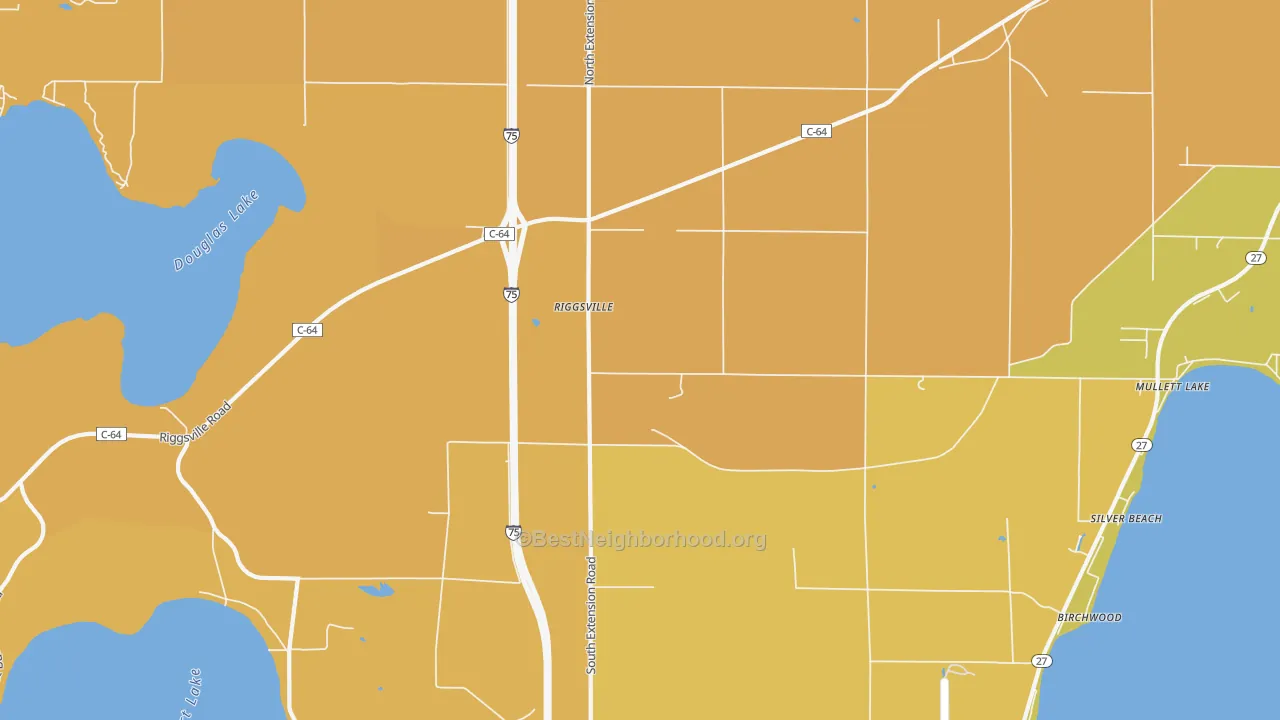 Map of the best neighborhoods in the Birchwood area, with better matches in green and worse matches in red