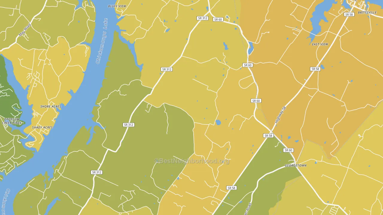 Map of the best neighborhoods in the Birchwood area, with better matches in green and worse matches in red