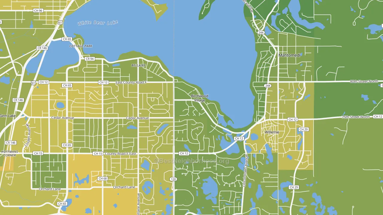 Map of the best neighborhoods in the Birchwood Village area, with better matches in green and worse matches in red