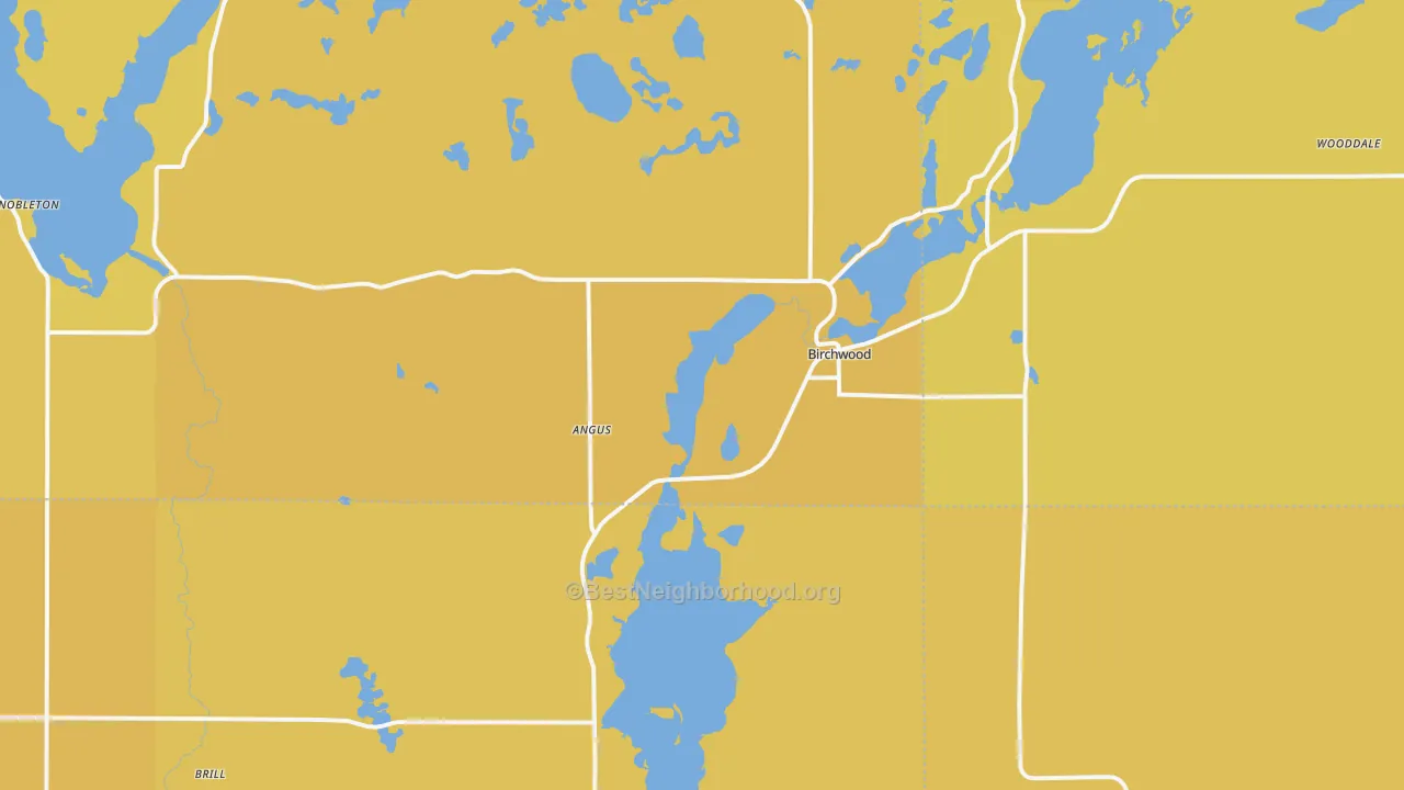 Map of the best neighborhoods in the Birchwood area, with better matches in green and worse matches in red