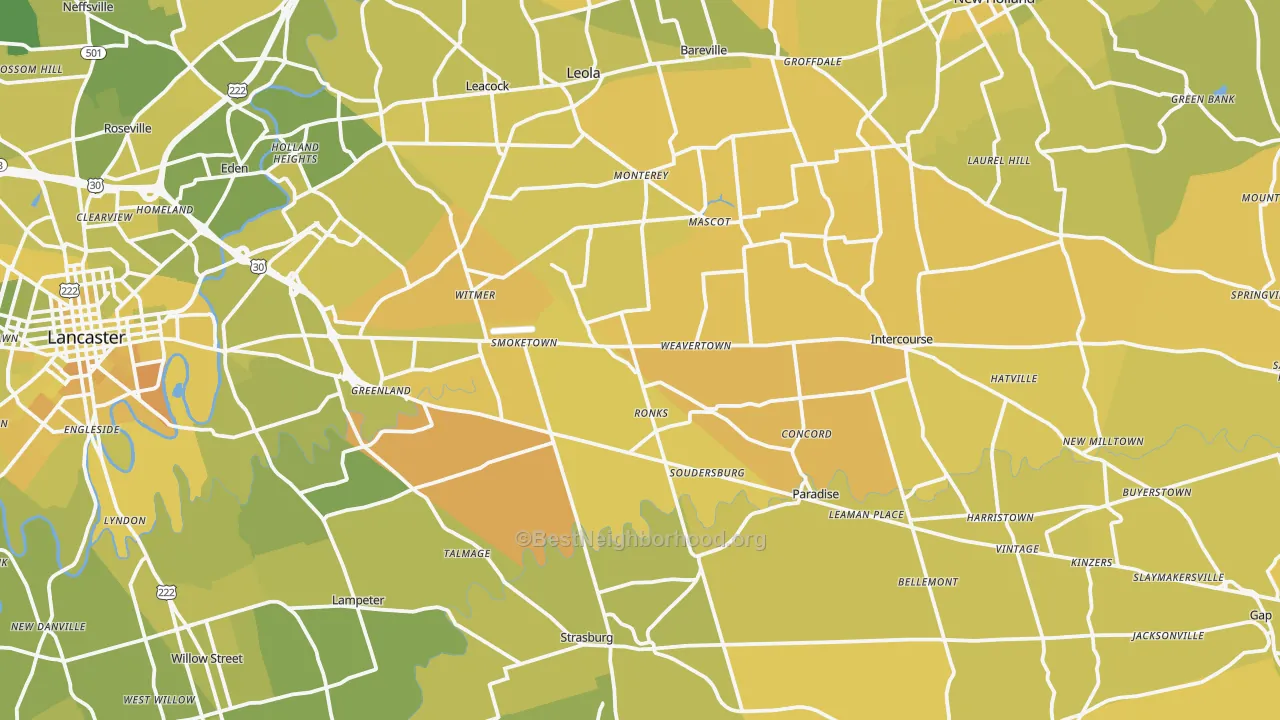 Map of the best neighborhoods in the Bird-in-Hand area, with better matches in green and worse matches in red