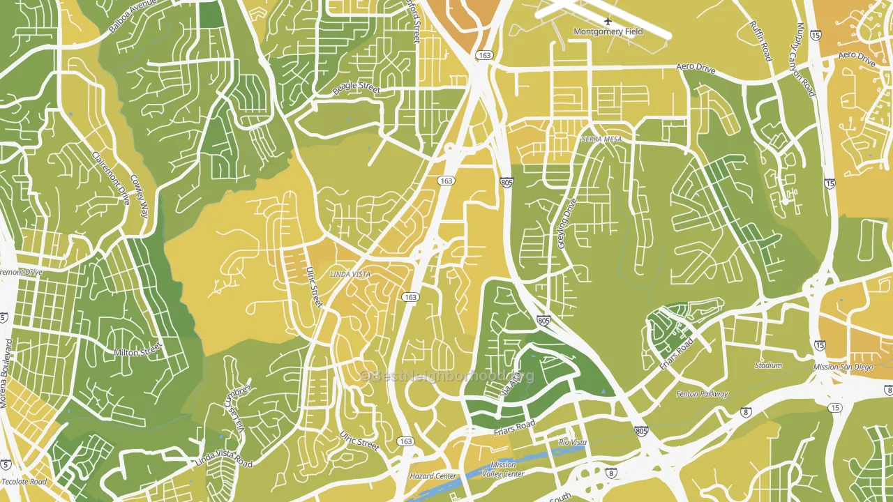 Map of the best neighborhoods in the Bird Land, San Diego area, with better matches in green and worse matches in red