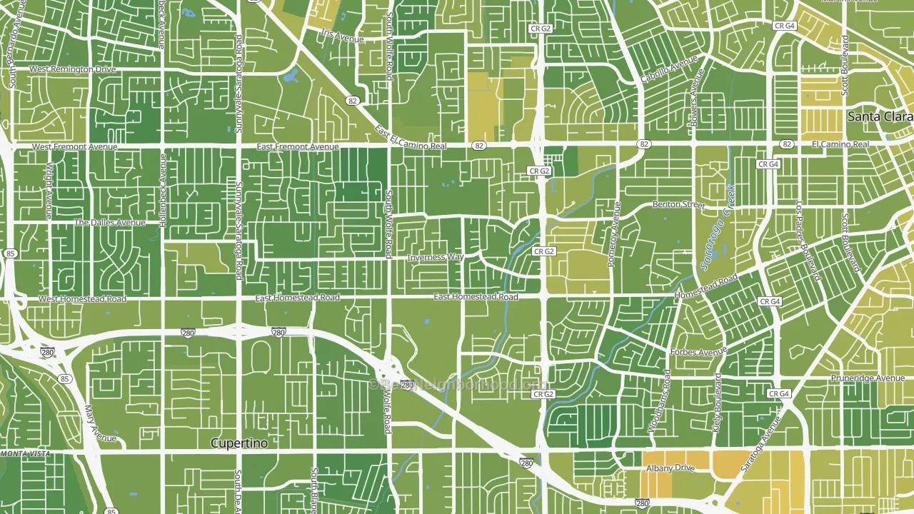 Map of the best neighborhoods in the Birdland Neighbors, Sunnyvale area, with better matches in green and worse matches in red