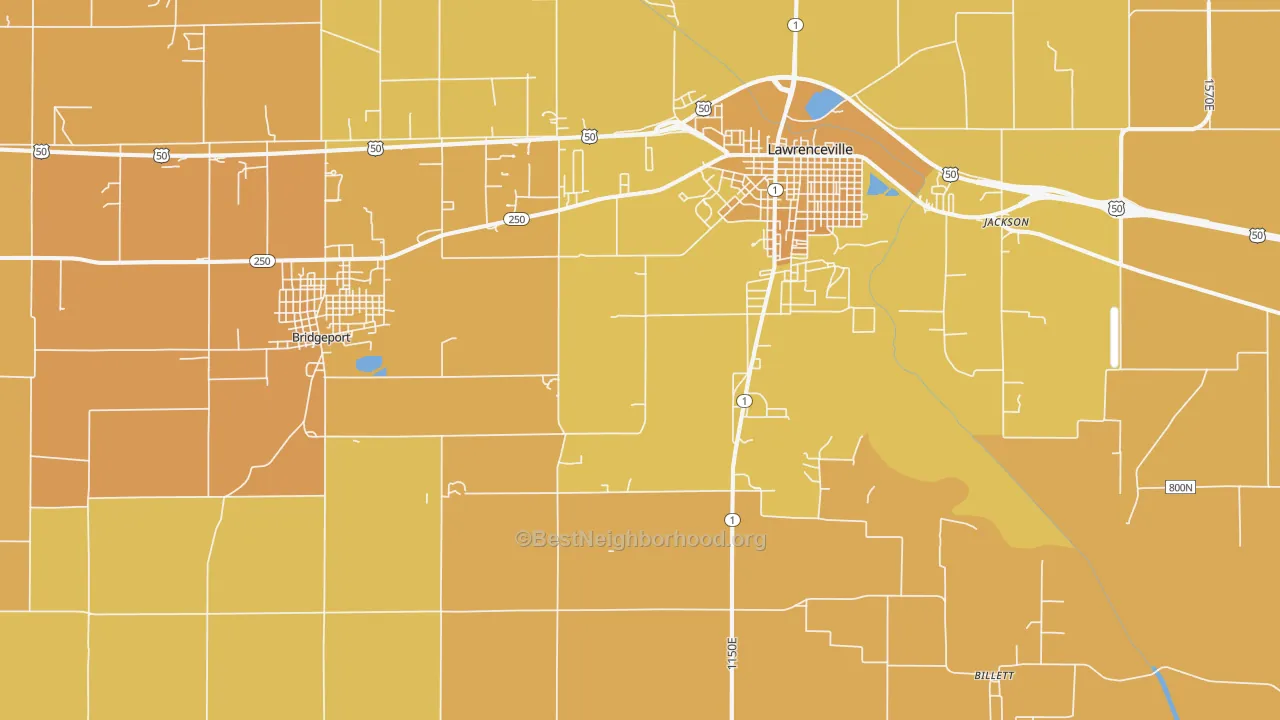 Map of the best neighborhoods in the Birds area, with better matches in green and worse matches in red