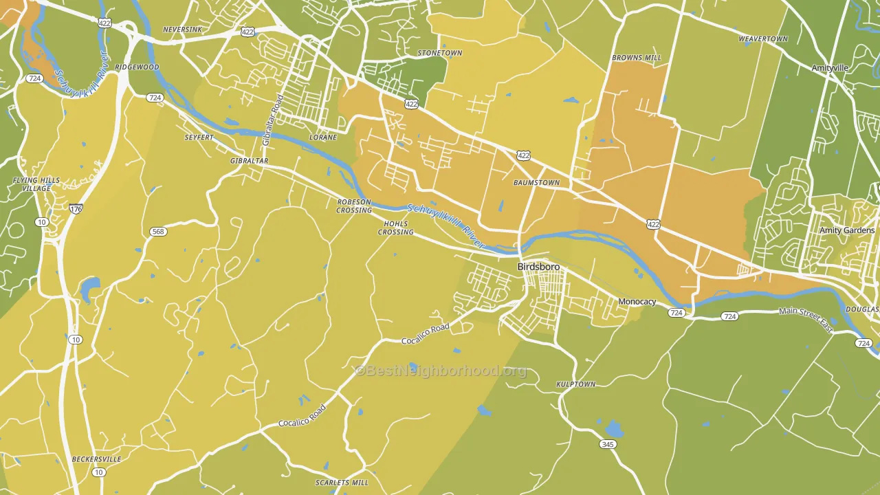 Map of the best neighborhoods in the Birdsboro area, with better matches in green and worse matches in red