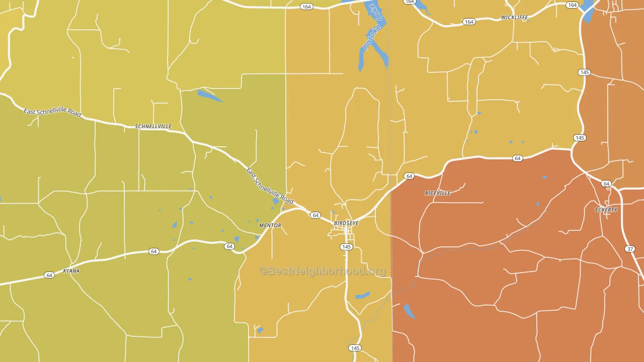 Map of the best neighborhoods in the Birdseye area, with better matches in green and worse matches in red