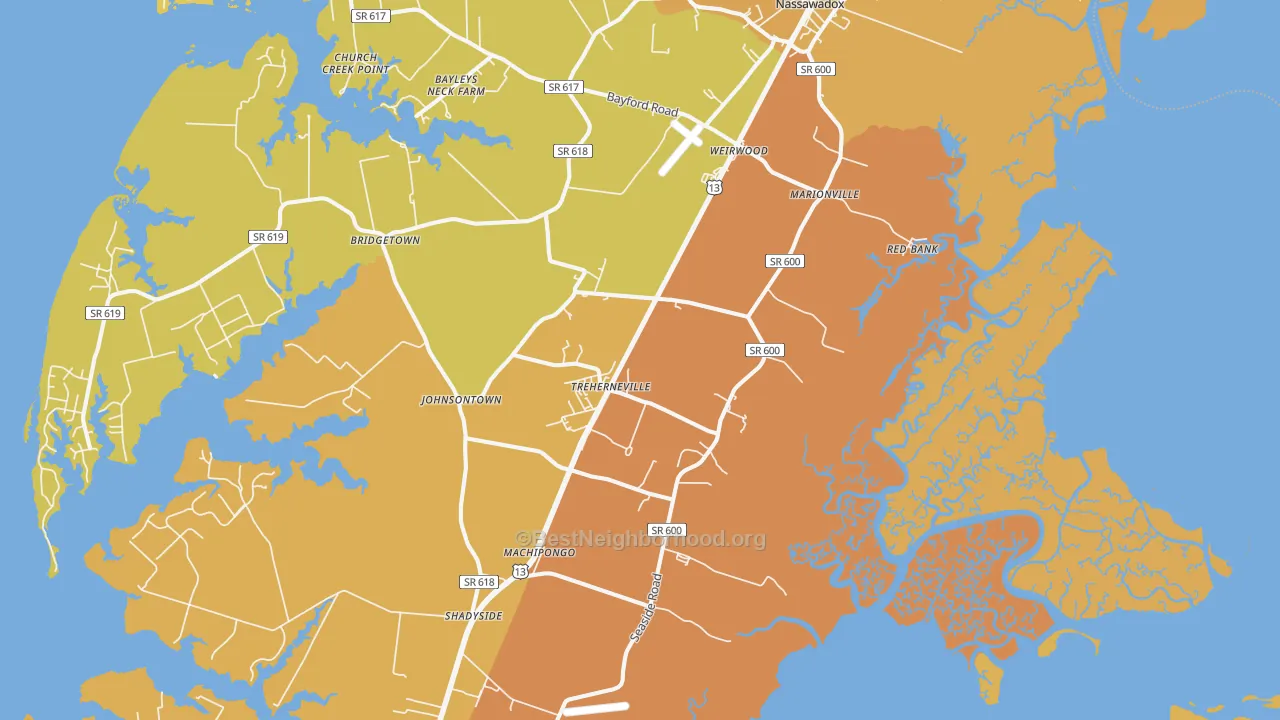 Map of the best neighborhoods in the Birdsnest area, with better matches in green and worse matches in red
