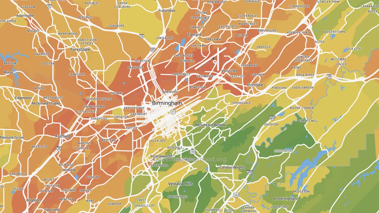 Map of the best neighborhoods in the Birmingham Metro area, with better matches in green and worse matches in red
