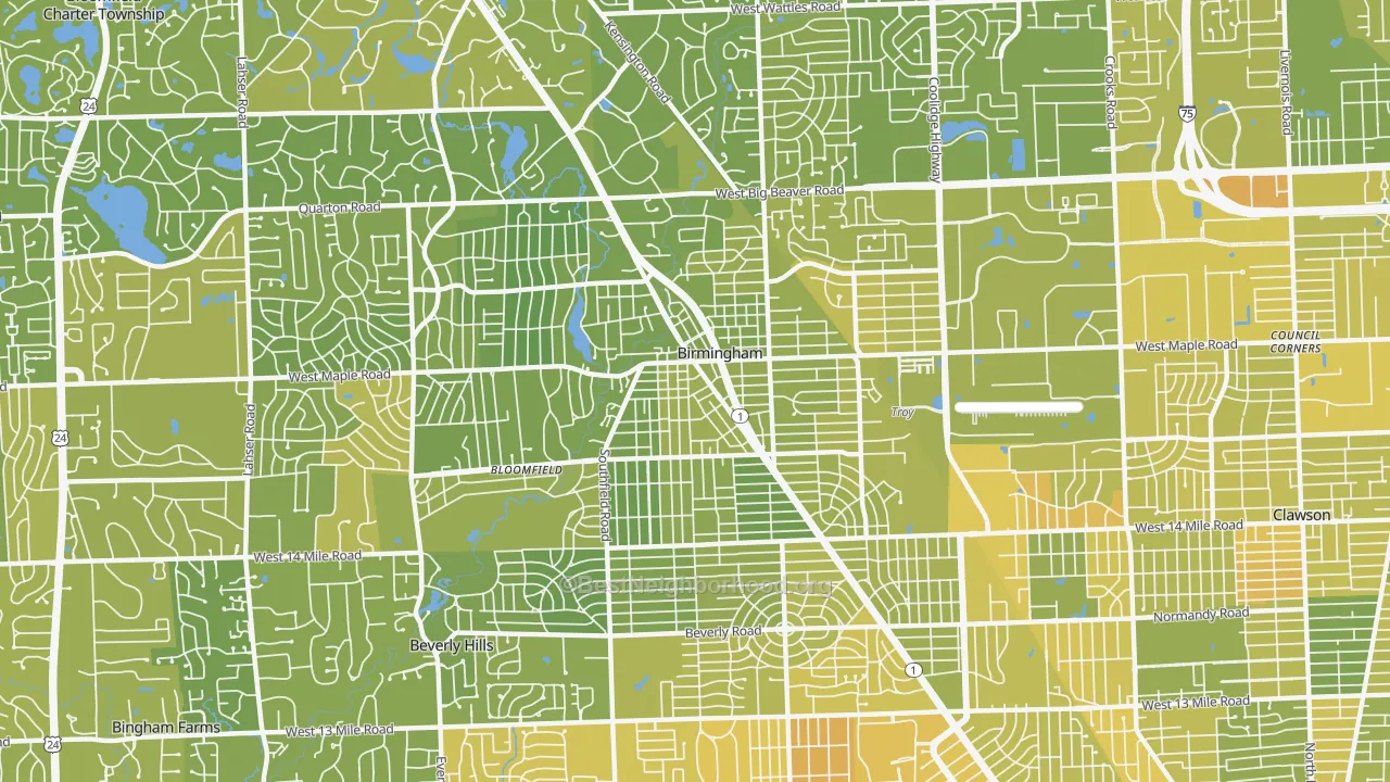 Map of the best neighborhoods in the Birmingham area, with better matches in green and worse matches in red