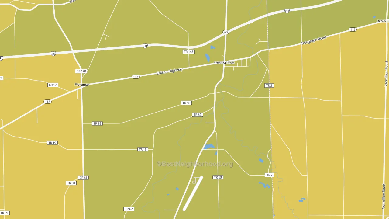 Map of the best neighborhoods in the Birmingham area, with better matches in green and worse matches in red