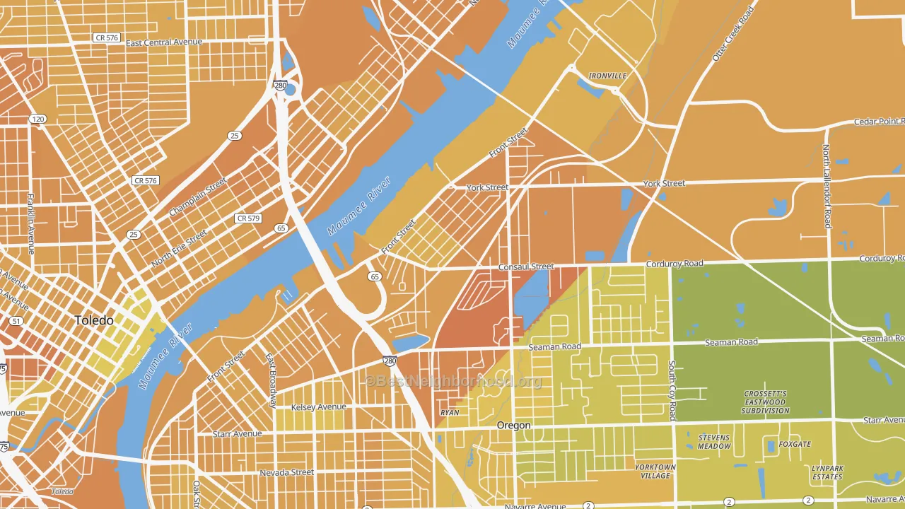 Map of the best neighborhoods in the Birmingham, Toledo area, with better matches in green and worse matches in red