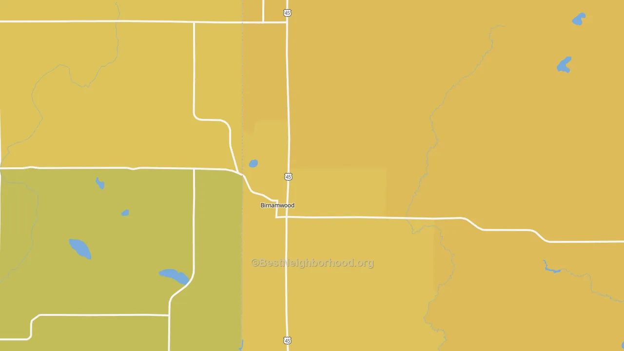 Map of the best neighborhoods in the Birnamwood area, with better matches in green and worse matches in red