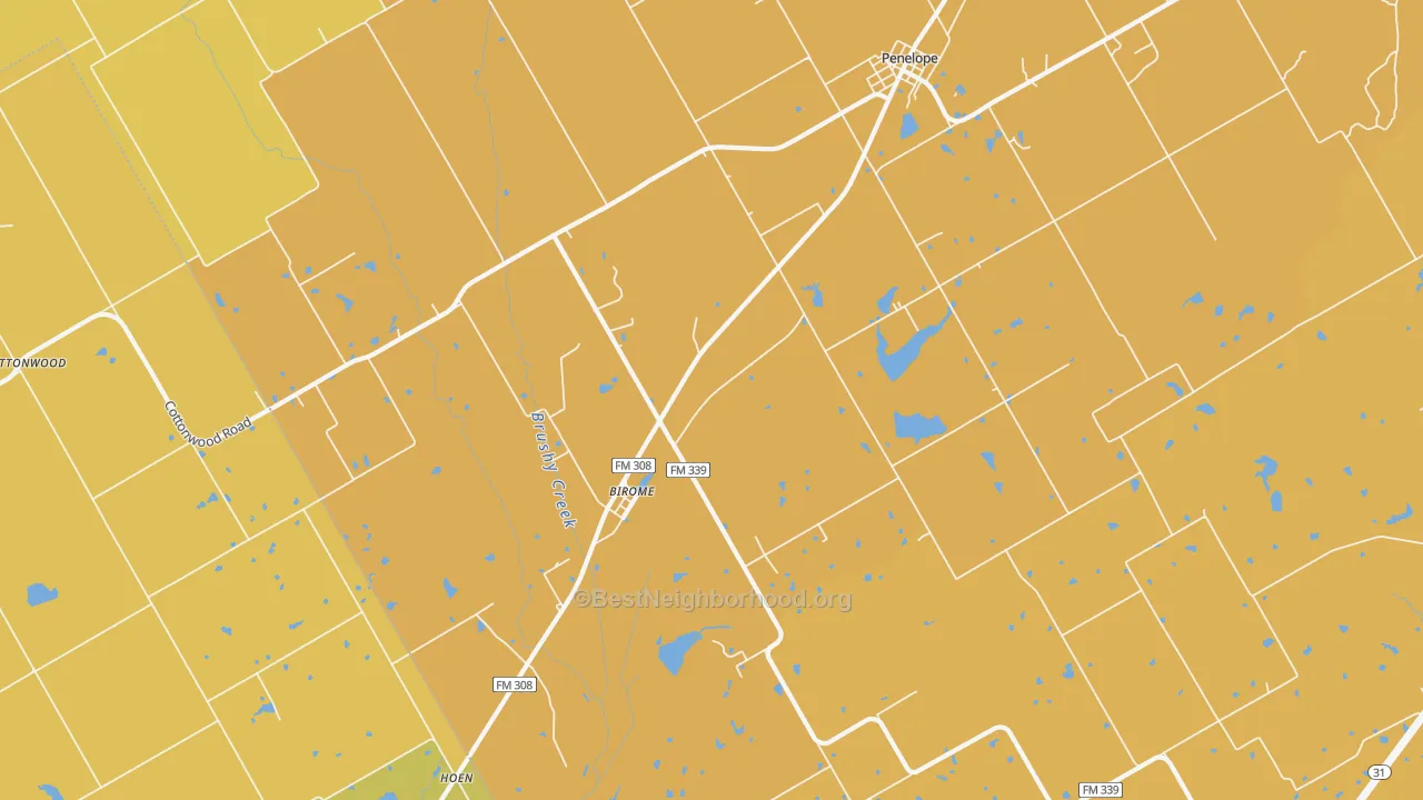 Map of the best neighborhoods in the Birome area, with better matches in green and worse matches in red