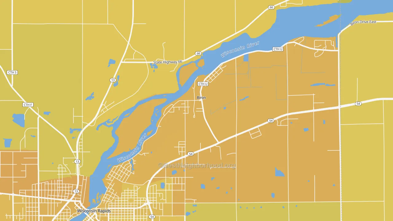 Map of the best neighborhoods in the Biron area, with better matches in green and worse matches in red