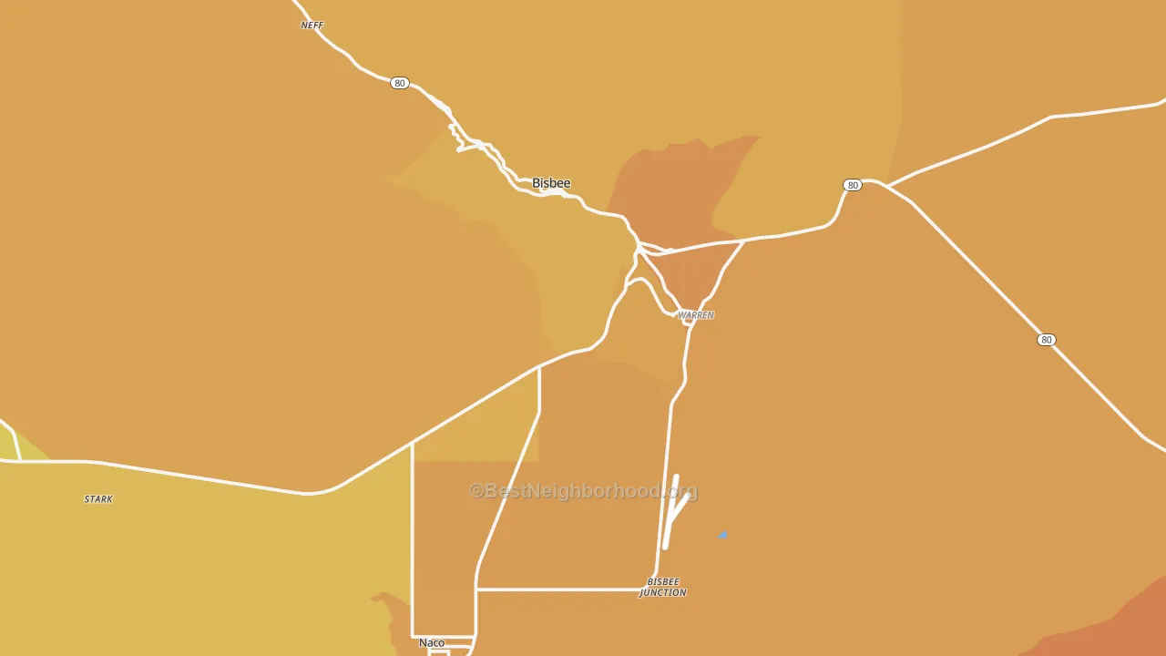 Map of the best neighborhoods in the Bisbee area, with better matches in green and worse matches in red