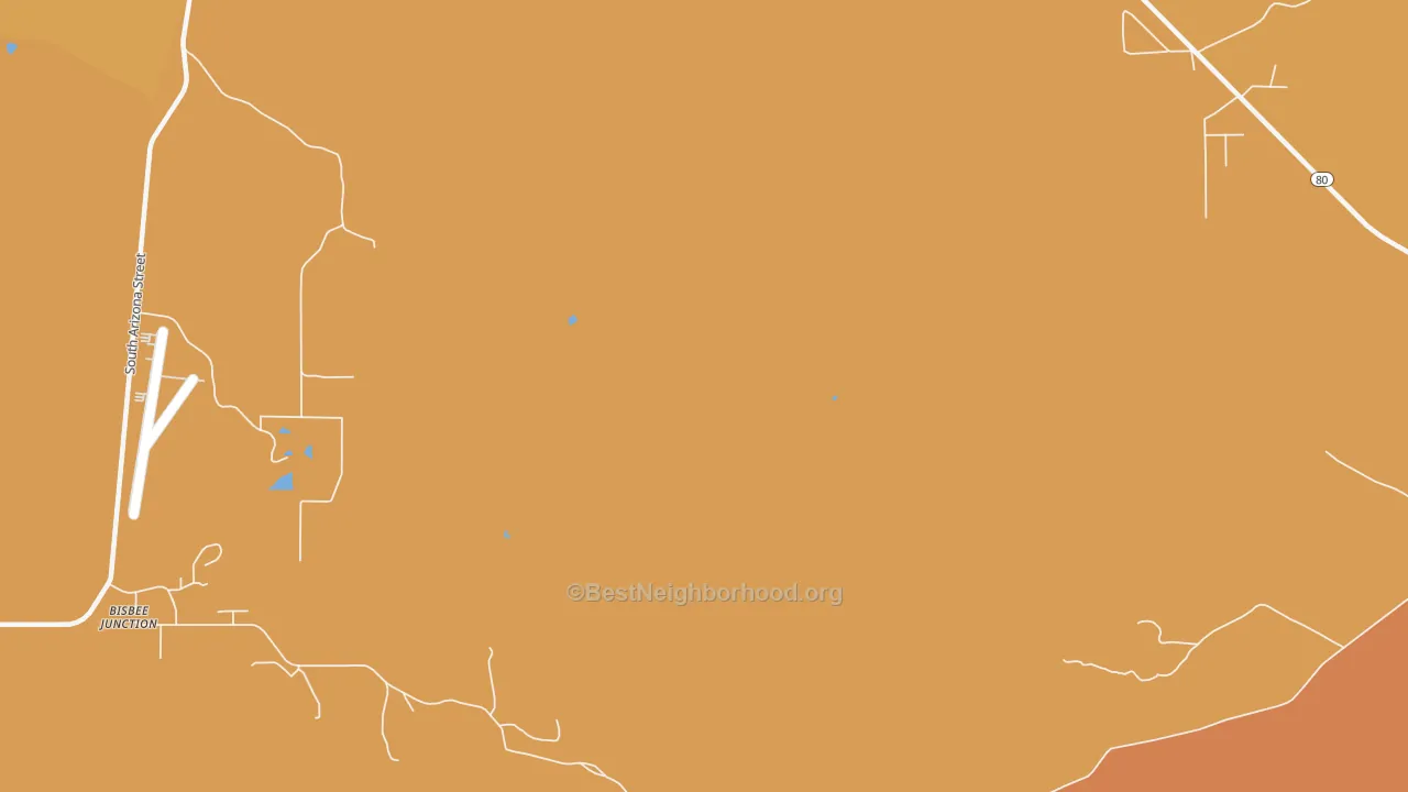 Map of the best neighborhoods in the Bisbee Junction area, with better matches in green and worse matches in red