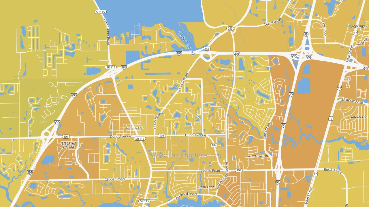 Map of the best neighborhoods in the Biscayne, Jacksonville area, with better matches in green and worse matches in red