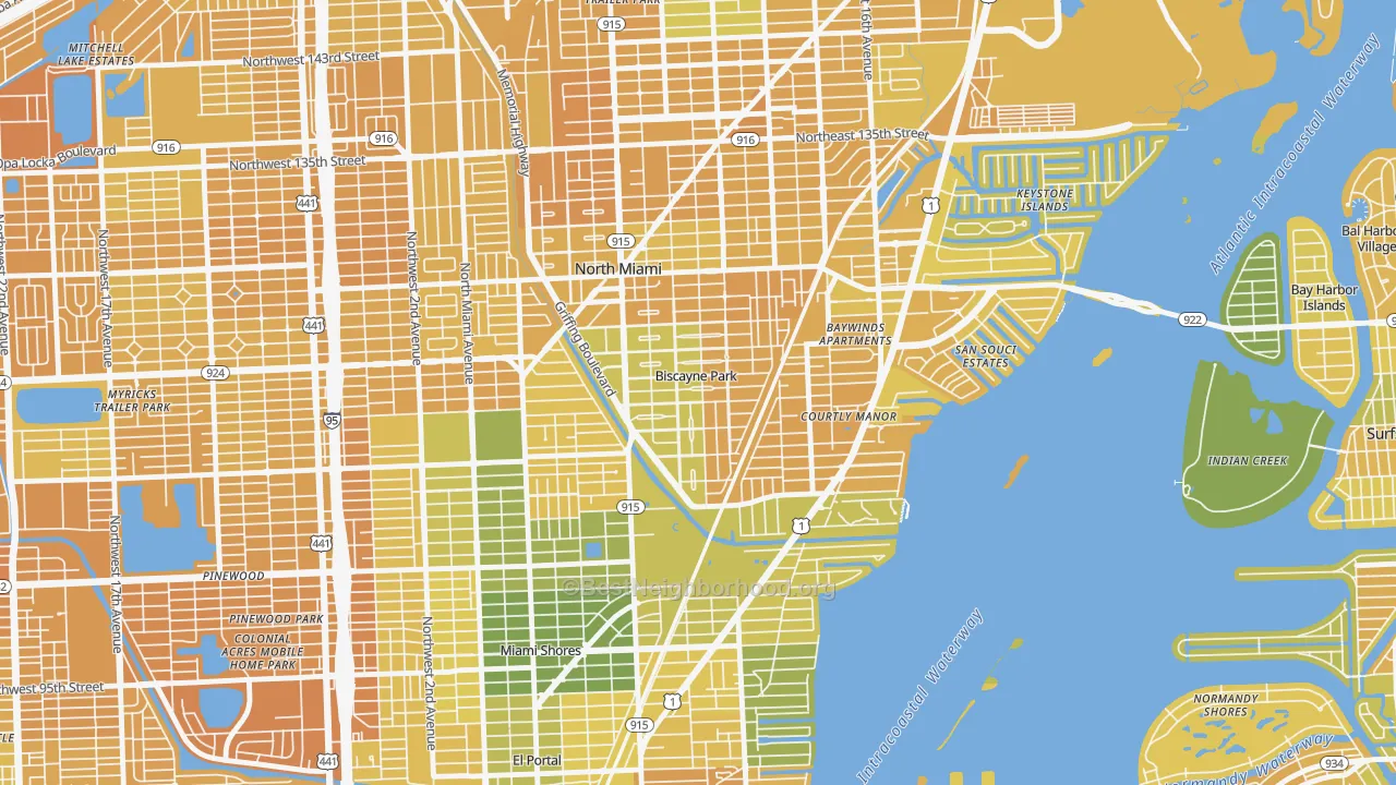 Map of the best neighborhoods in the Biscayne Park area, with better matches in green and worse matches in red