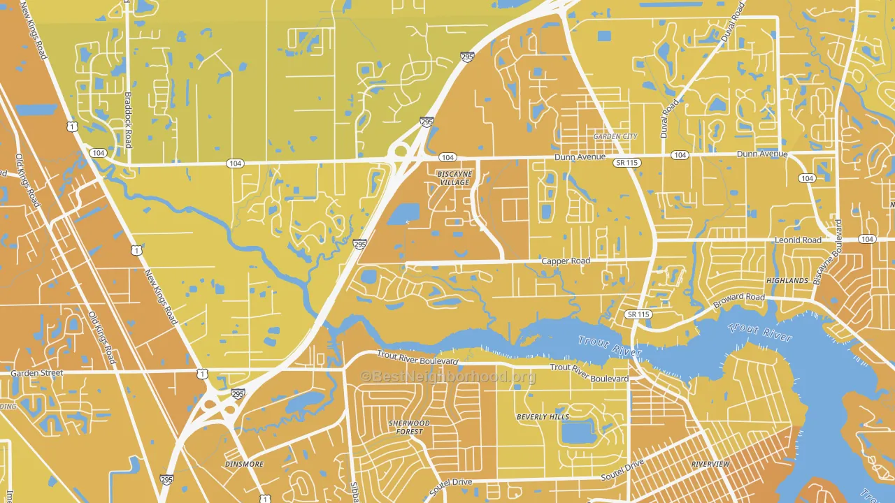 Map of the best neighborhoods in the Biscayne Terrace, Jacksonville area, with better matches in green and worse matches in red