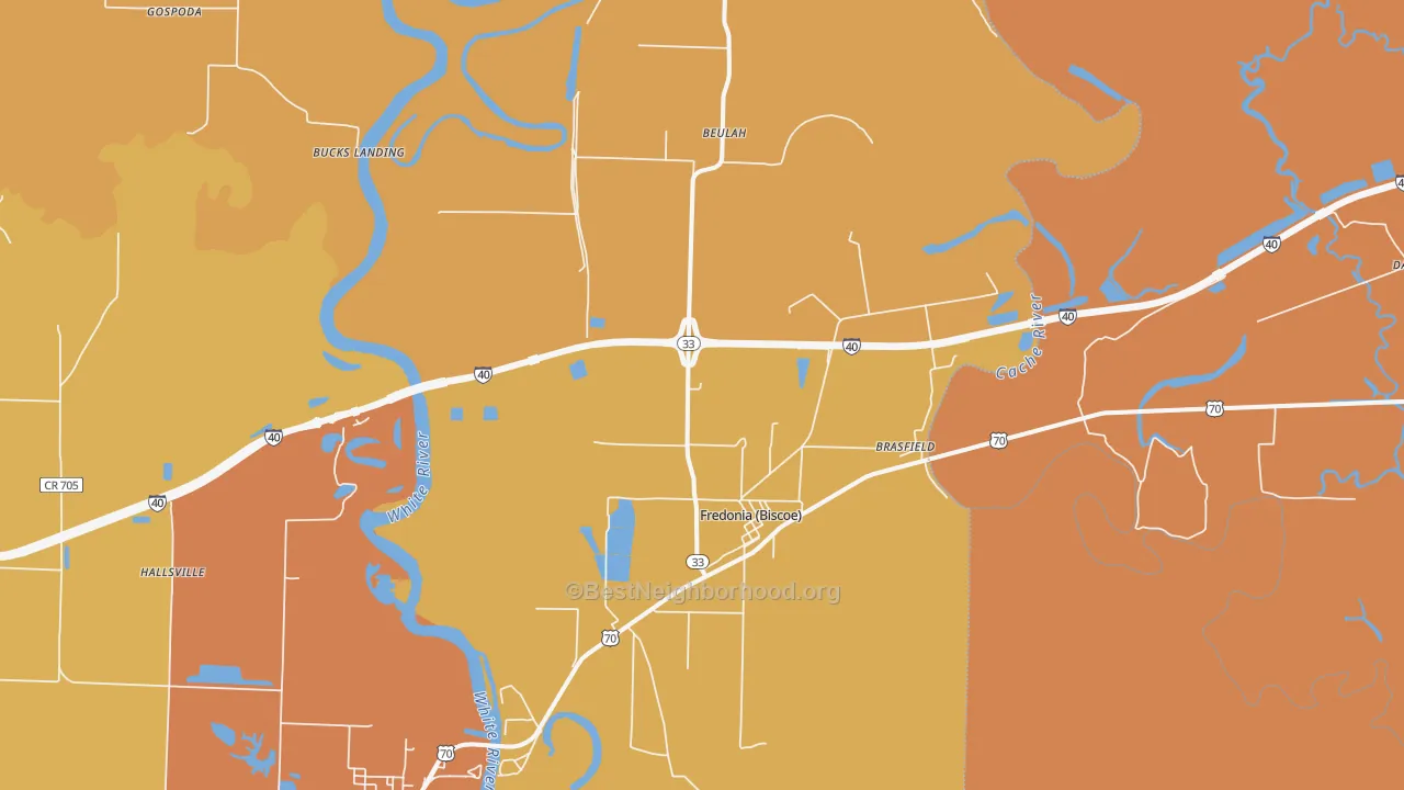 Map of the best neighborhoods in the Biscoe area, with better matches in green and worse matches in red