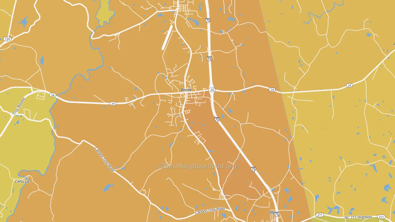 Map of the best neighborhoods in the Biscoe area, with better matches in green and worse matches in red