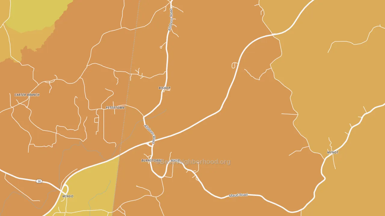 Map of the best neighborhoods in the Bishop area, with better matches in green and worse matches in red