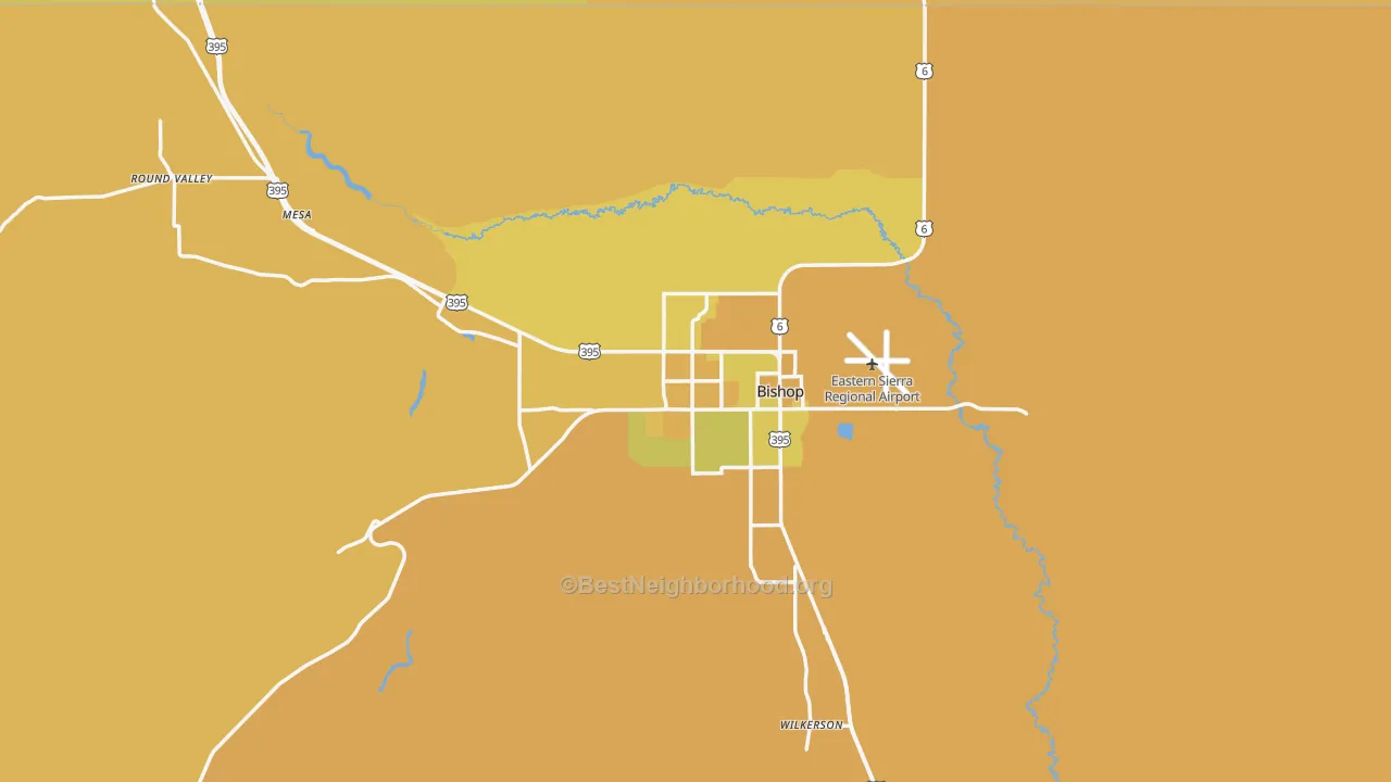 Map of the best neighborhoods in the Bishop area, with better matches in green and worse matches in red