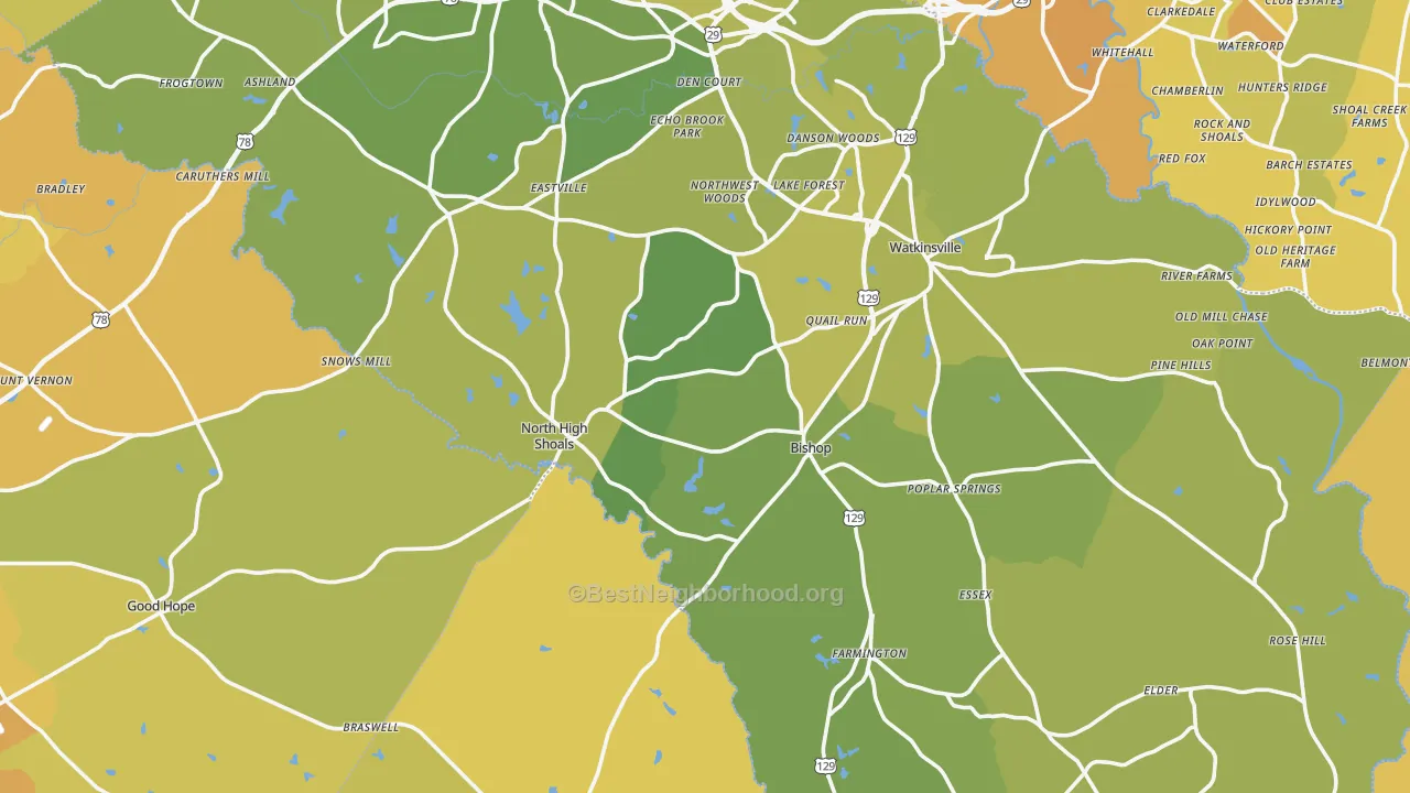 Map of the best neighborhoods in the Bishop area, with better matches in green and worse matches in red