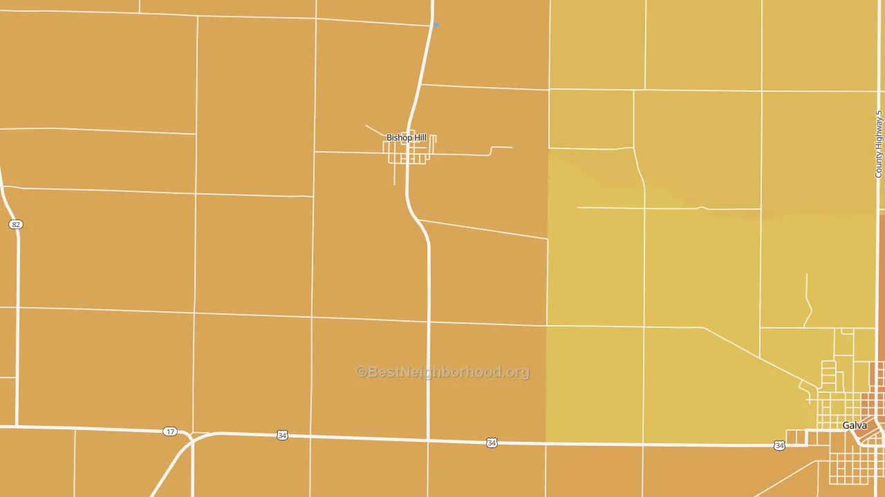Map of the best neighborhoods in the Bishop Hill area, with better matches in green and worse matches in red