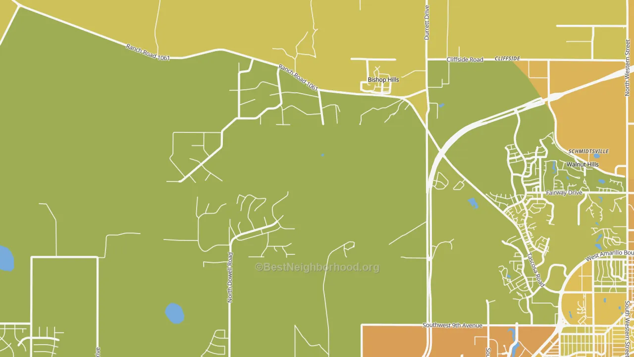 Map of the best neighborhoods in the Bishop Hills area, with better matches in green and worse matches in red