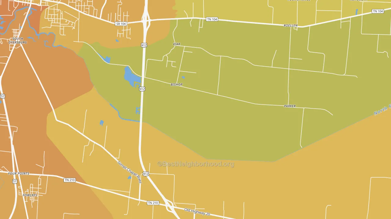Map of the best neighborhoods in the Bishop area, with better matches in green and worse matches in red
