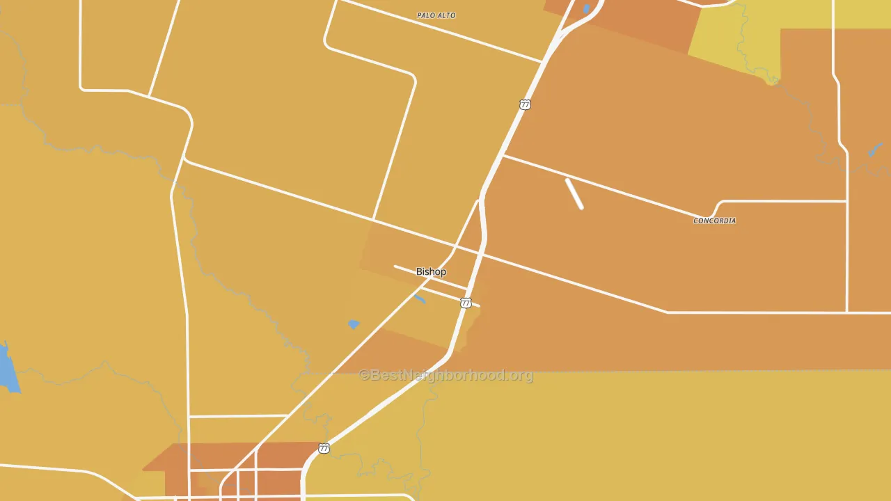 Map of the best neighborhoods in the Bishop area, with better matches in green and worse matches in red
