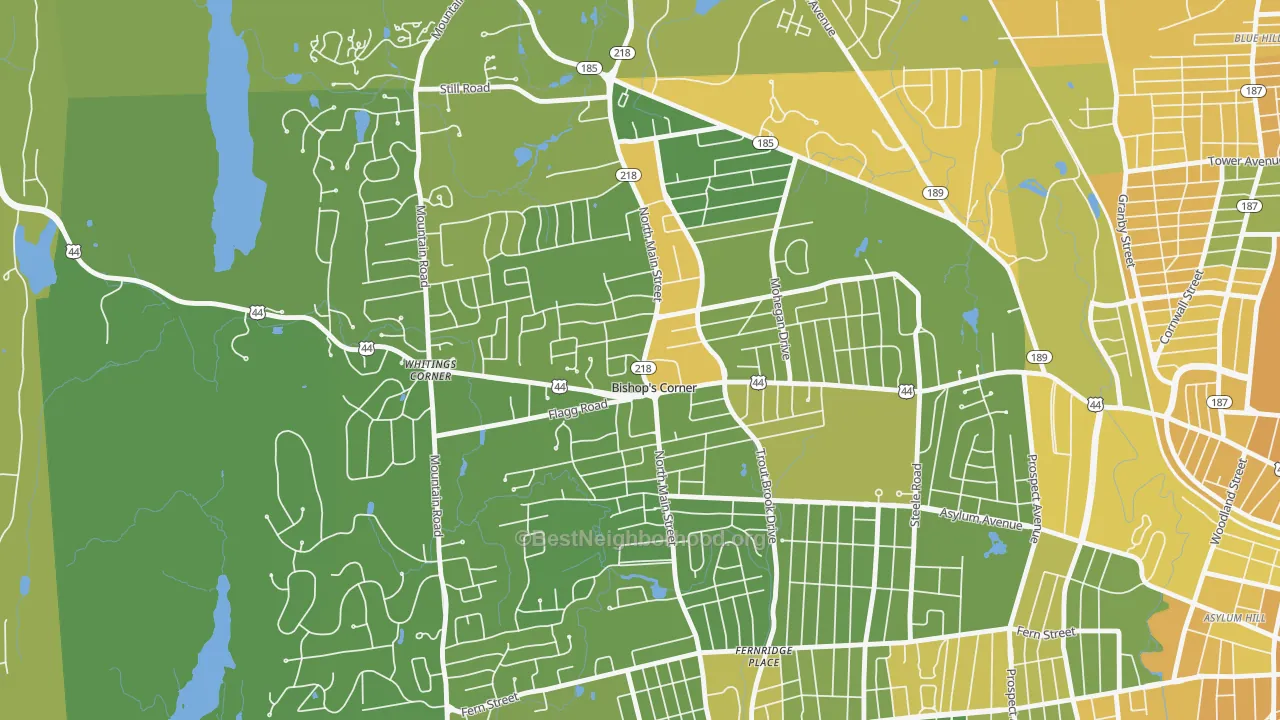 Map of the best neighborhoods in the Bishops Corner, West Hartford area, with better matches in green and worse matches in red