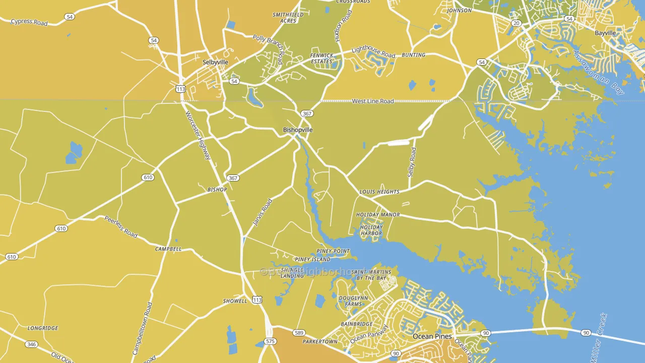 Map of the best neighborhoods in the Bishopville area, with better matches in green and worse matches in red