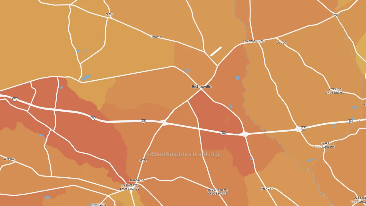 Map of the best neighborhoods in the Bishopville area, with better matches in green and worse matches in red