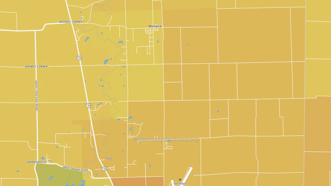 Map of the best neighborhoods in the Bismarck area, with better matches in green and worse matches in red