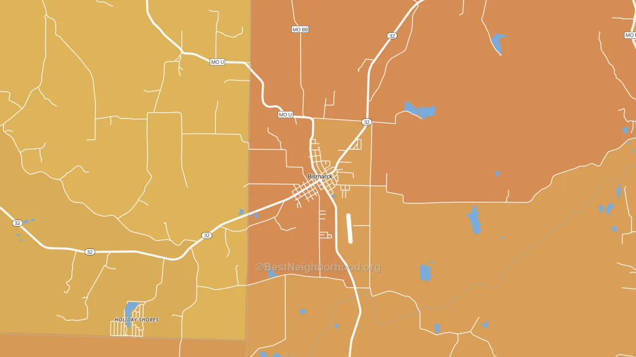 Map of the best neighborhoods in the Bismarck area, with better matches in green and worse matches in red